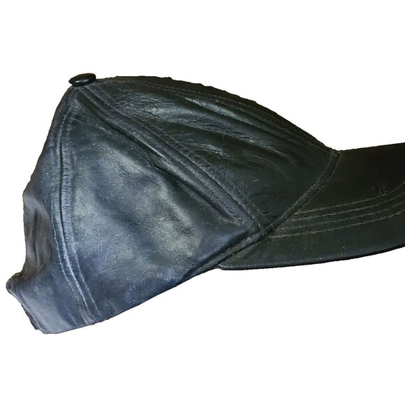 Vintage Black Leather Baseball Cap Hook & Loop Back - Picture 3 of 6